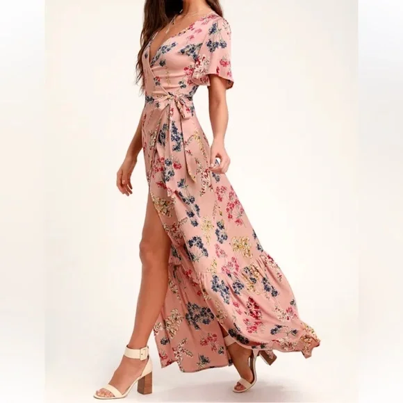 green emerald velvet dress Flutter Sleeve Floral Print Embroidered Wrap Maxi Dress in Blush Multi